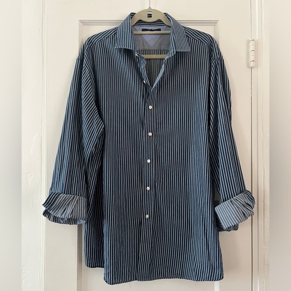 Tommy Hilfiger blue white cotton pinstripe men’s button up dress shirt slim fit - Picture 2 of 15